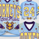 Custom light blue and purple high school cornet jersey shown in multiple views, featuring yellow lettering, the number 24, a hornet mascot graphic, and star accents.