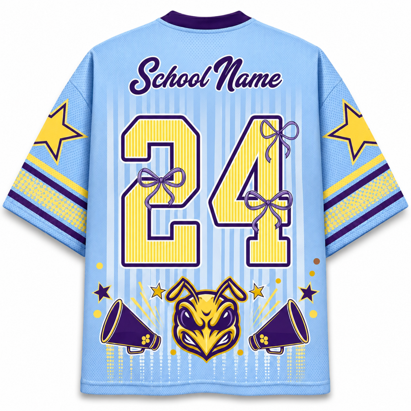 Custom light blue short-sleeve jersey shown from the back, featuring a purple collar, 'School Name' text, the number '24' in yellow with purple bows, a purple and yellow mascot head, and purple and yellow star accents on the sleeves.