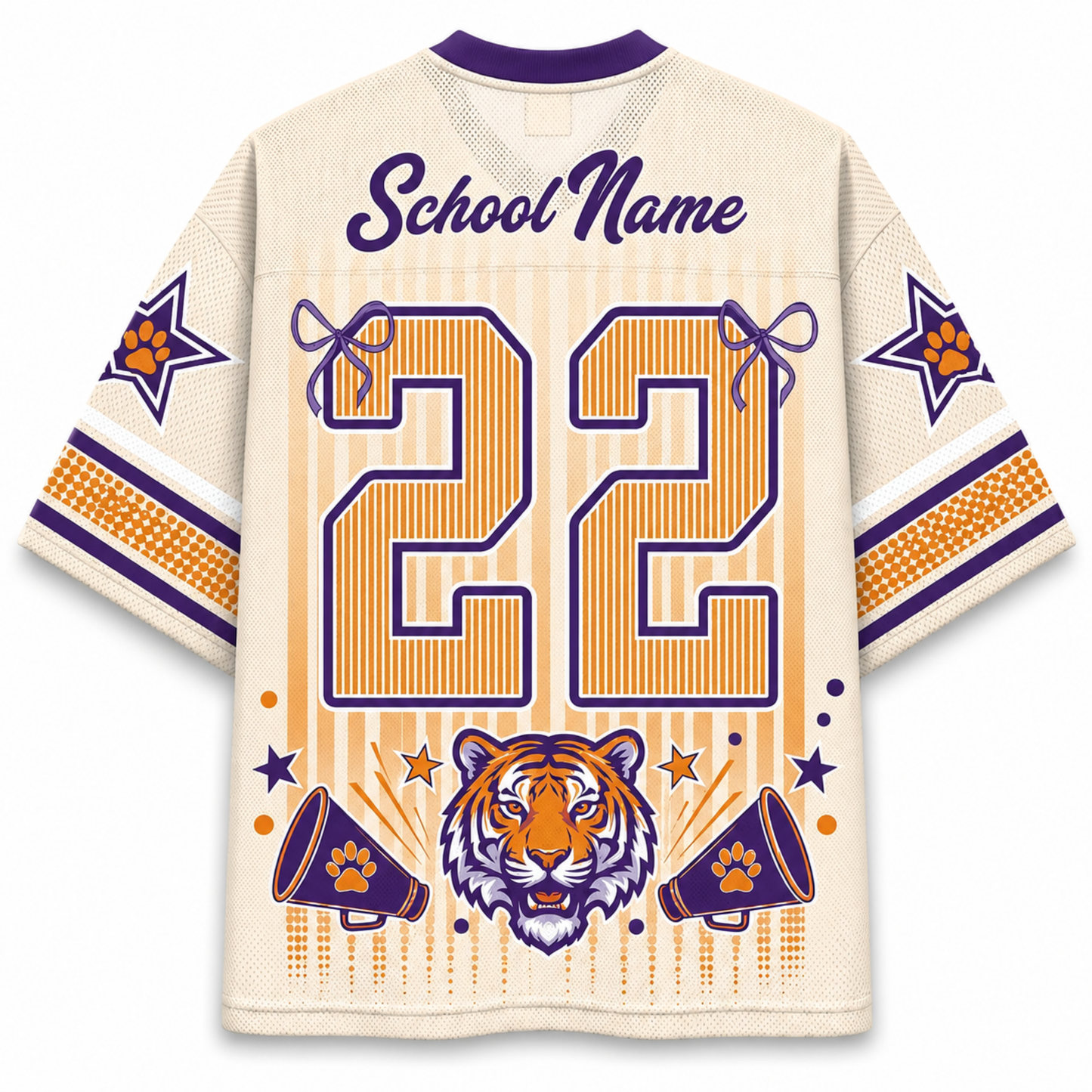 Customizable cream-colored football jersey with purple and orange graphics, featuring a tiger head, megaphones, stars, and the number 22 on the back.