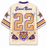 Customizable cream-colored football jersey with purple and orange graphics, featuring a tiger head, megaphones, stars, and the number 22 on the back.