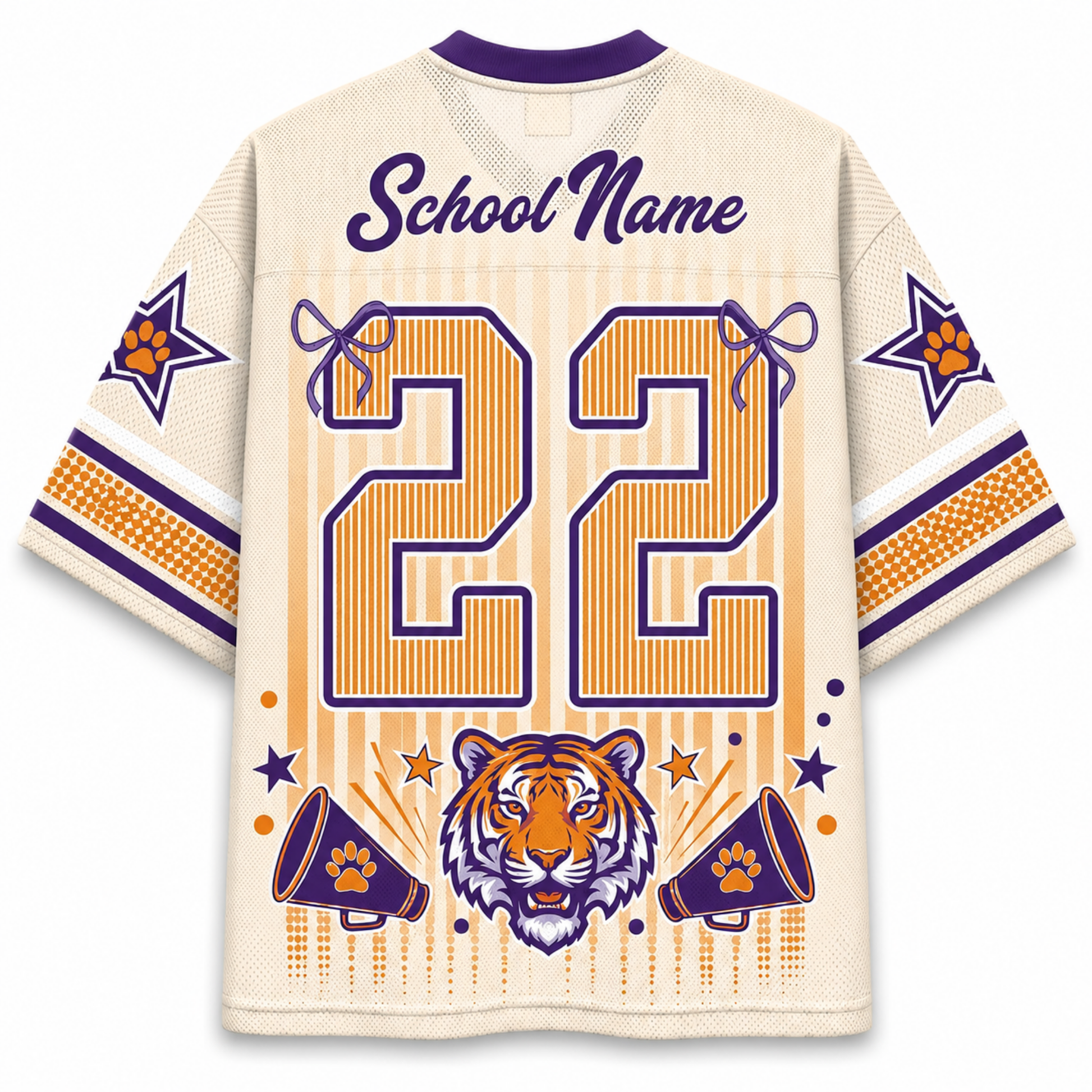 Customizable cream-colored football jersey with purple and orange graphics, featuring a tiger head, megaphones, stars, and the number 22 on the back.