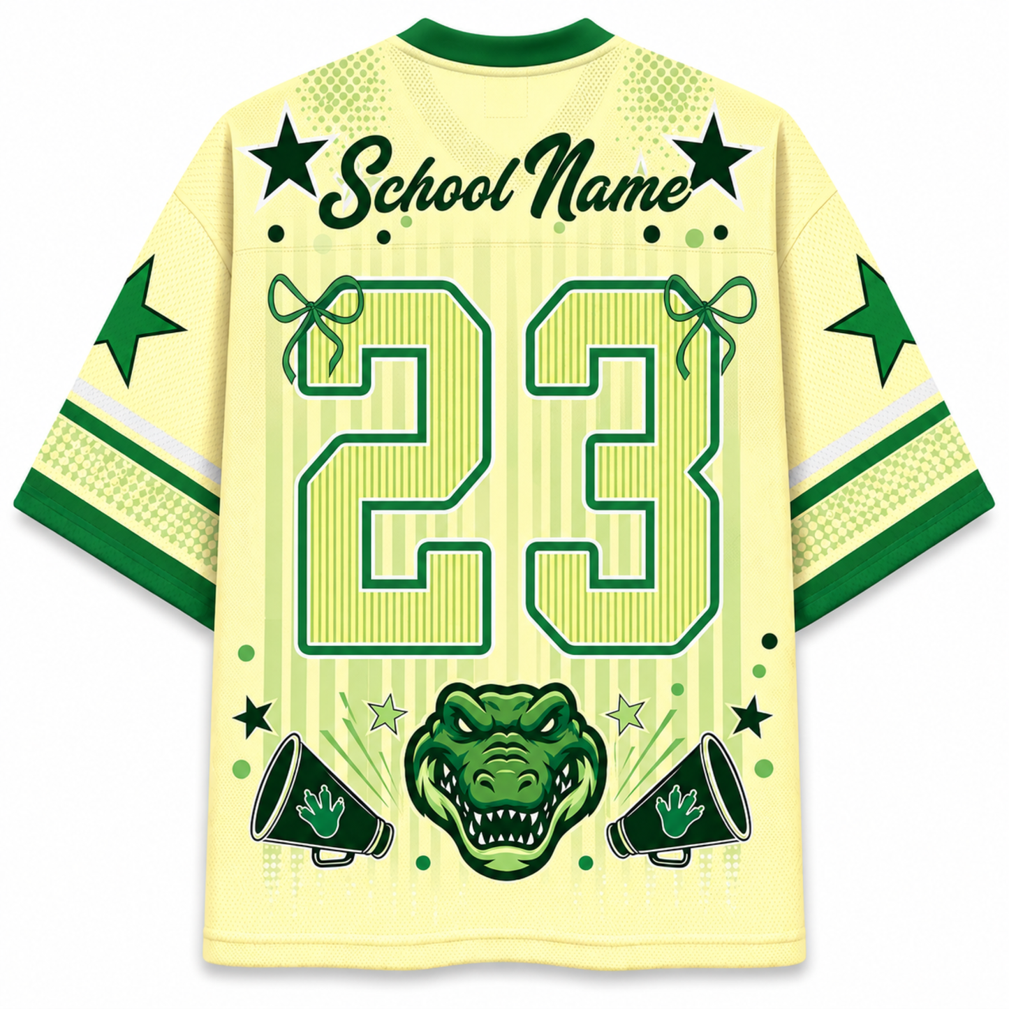 A pale yellow and green custom sports jersey shown from the back, featuring a large number 23, 'School Name' text, green stars, a green alligator head graphic, and green megaphones on a white background.