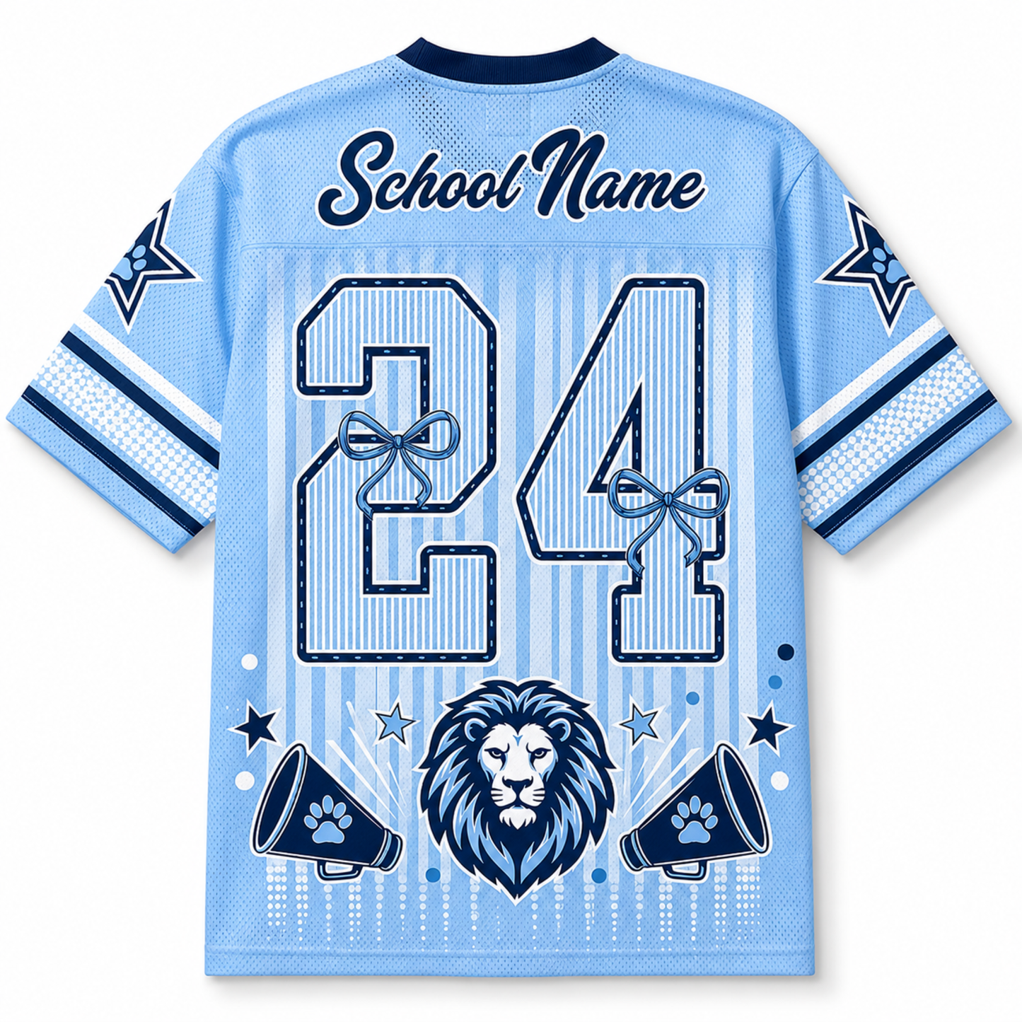 A light blue short-sleeve mesh jersey shown from the back, with navy and white graphics including the text 'School Name', the number '24' with ribbon bows, a lion head, and megaphones. The shirt is photographed on a plain white background.