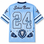A light blue short-sleeve mesh jersey shown from the back, with navy and white graphics including the text 'School Name', the number '24' with ribbon bows, a lion head, and megaphones. The shirt is photographed on a plain white background.
