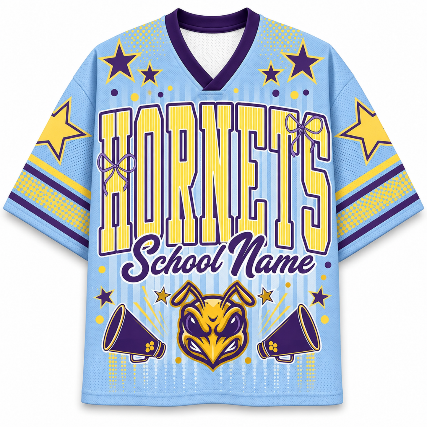 A light blue short-sleeve V-neck jersey-style shirt with purple and yellow graphics. The front reads 'HORNETS School Name' in large yellow letters with purple outlines, decorated with star motifs, purple bows, megaphones, and a hornet head illustration.
