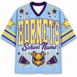 A light blue short-sleeve V-neck jersey-style shirt with purple and yellow graphics. The front reads 'HORNETS School Name' in large yellow letters with purple outlines, decorated with star motifs, purple bows, megaphones, and a hornet head illustration.