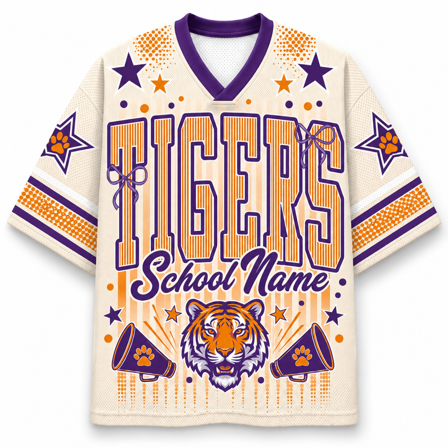 A custom sports jersey with a cream mesh body, purple and orange graphics, and a tiger head design on the front. The text reads 'TIGERS School Name' with paw print accents.