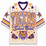 A custom sports jersey with a cream mesh body, purple and orange graphics, and a tiger head design on the front. The text reads 'TIGERS School Name' with paw print accents.