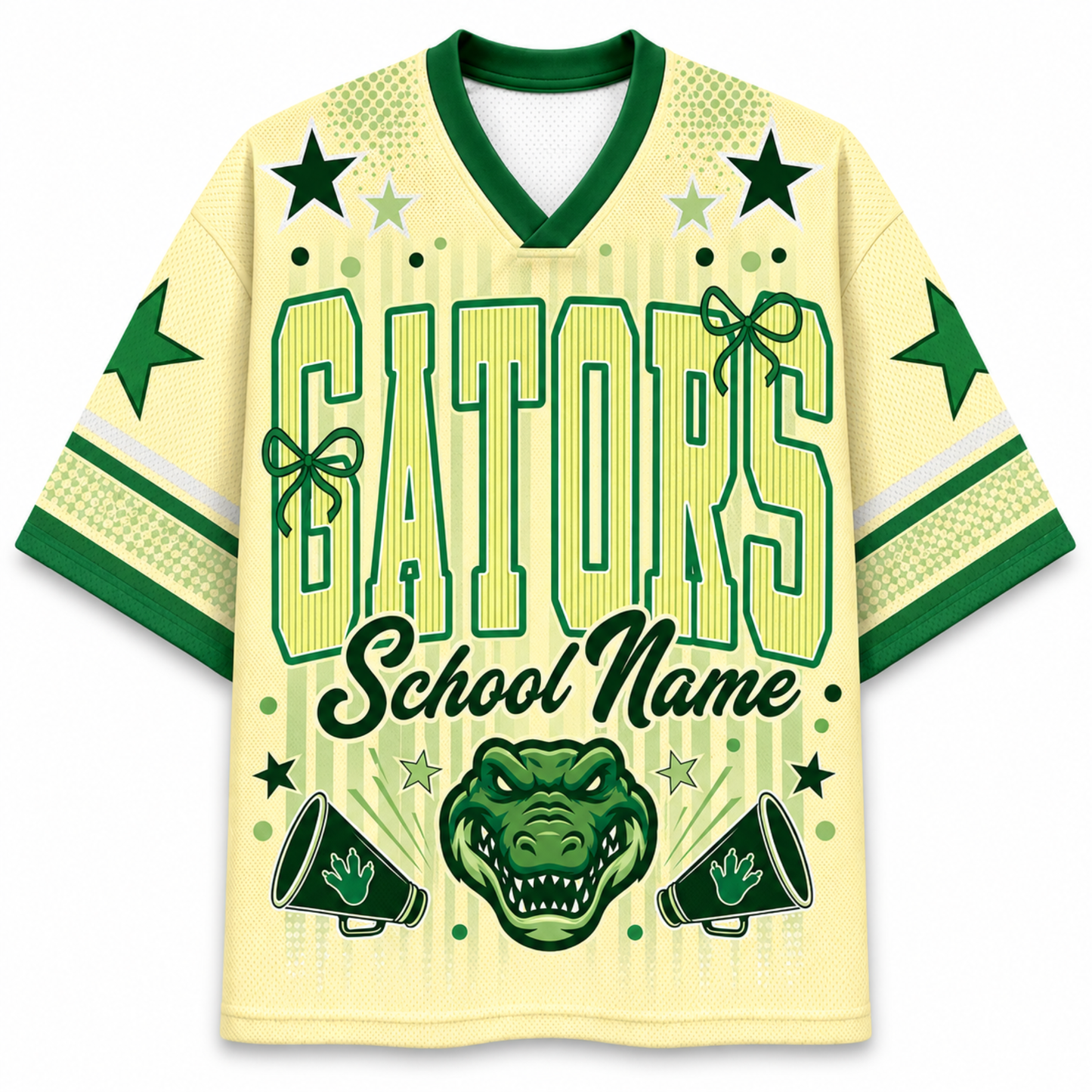 A pale yellow and green custom Varsity Football jersey featuring 'GATORS School Name' text, an alligator head graphic, and star details on the front and sleeves.