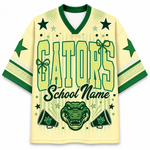 A pale yellow and green custom Varsity Football jersey featuring 'GATORS School Name' text, an alligator head graphic, and star details on the front and sleeves.