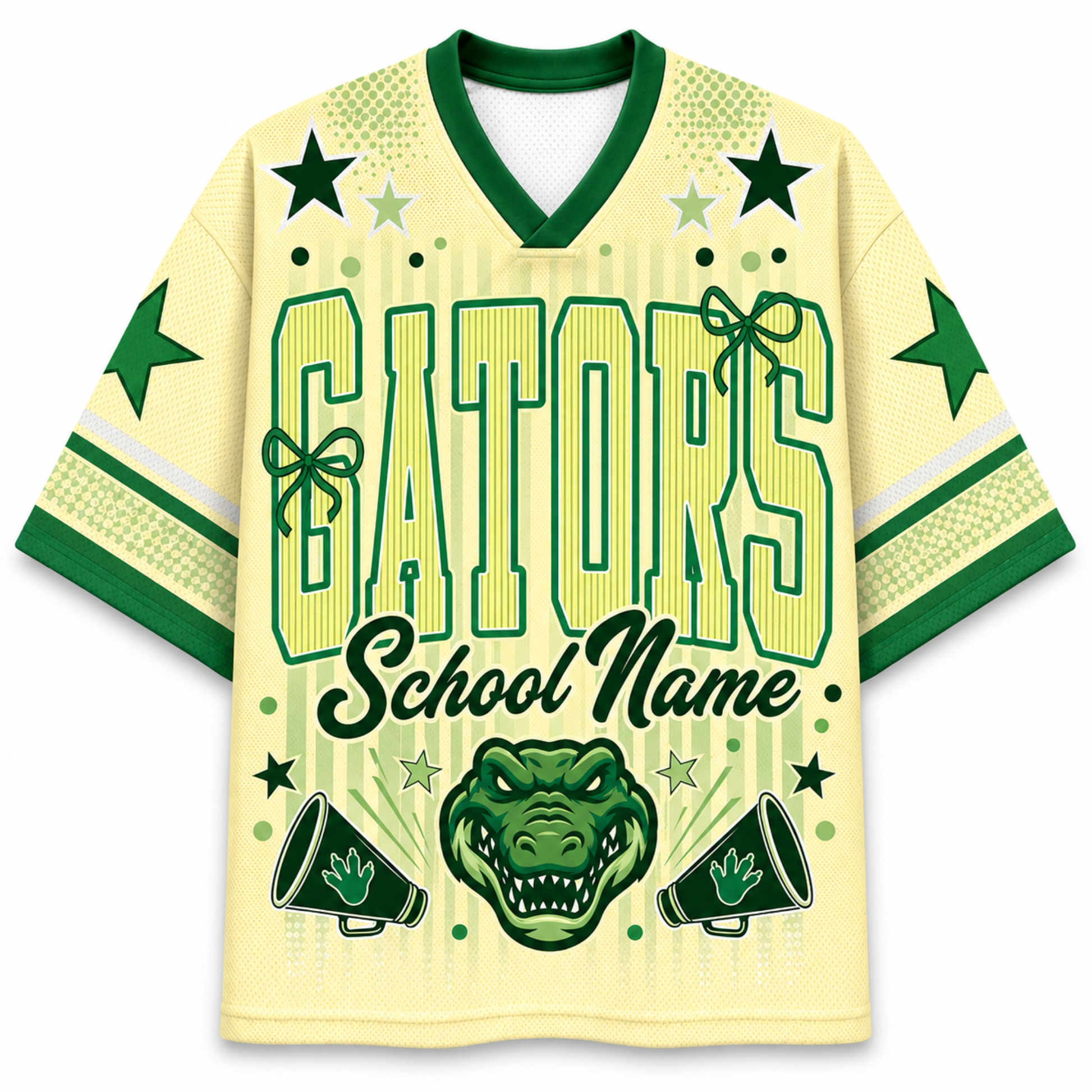A pale yellow and green custom Varsity Football jersey featuring 'GATORS School Name' text, an alligator head graphic, and star details on the front and sleeves.
