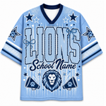 A light blue and navy blue custom sports jersey featuring the word 'LIONS' in large outlined letters, 'School Name' in script, a lion graphic, star motifs, paw prints, and bow details on the front and sleeves.