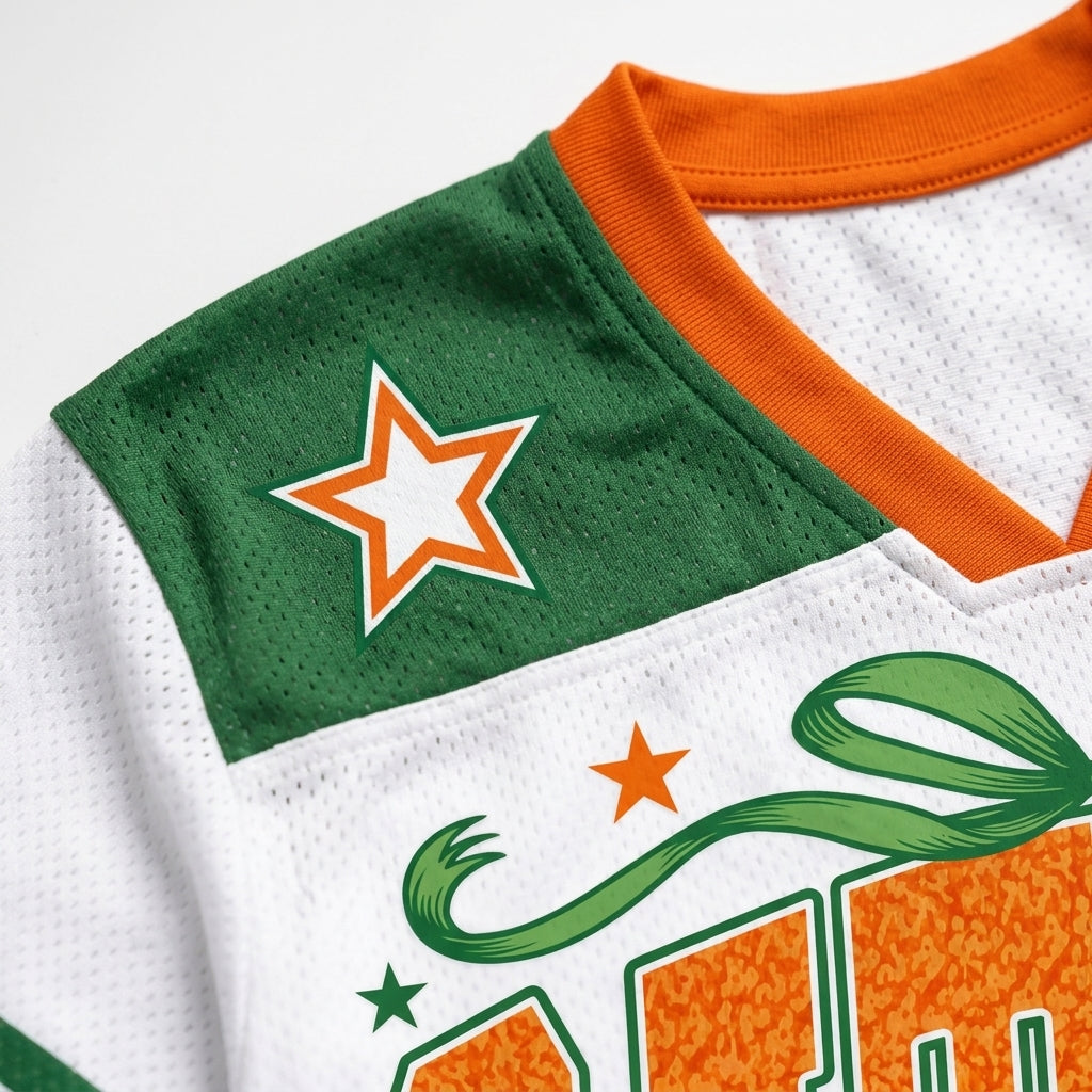 Close-up of a white mesh sports jersey with green and orange accents, featuring a green shoulder patch with an orange-outlined white star and part of a green-and-orange graphic on the front.