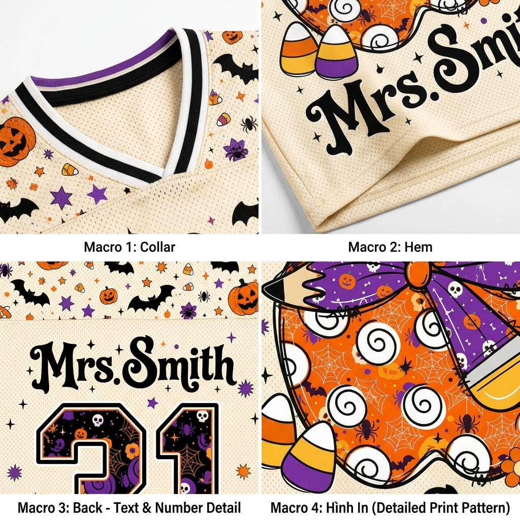 Four-panel product detail collage for a personalized Halloween-themed sports jersey. The jersey has a cream mesh body with black, white, and purple trim, and a busy orange, black, purple, and white spiderweb print.