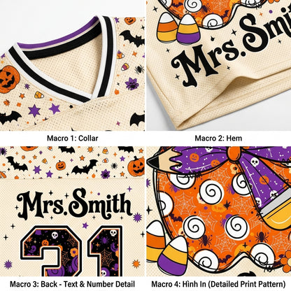 Four-panel product detail collage for a personalized Halloween-themed sports jersey. The jersey has a cream mesh body with black, white, and purple trim, and a busy orange, black, purple, and white spiderweb print.