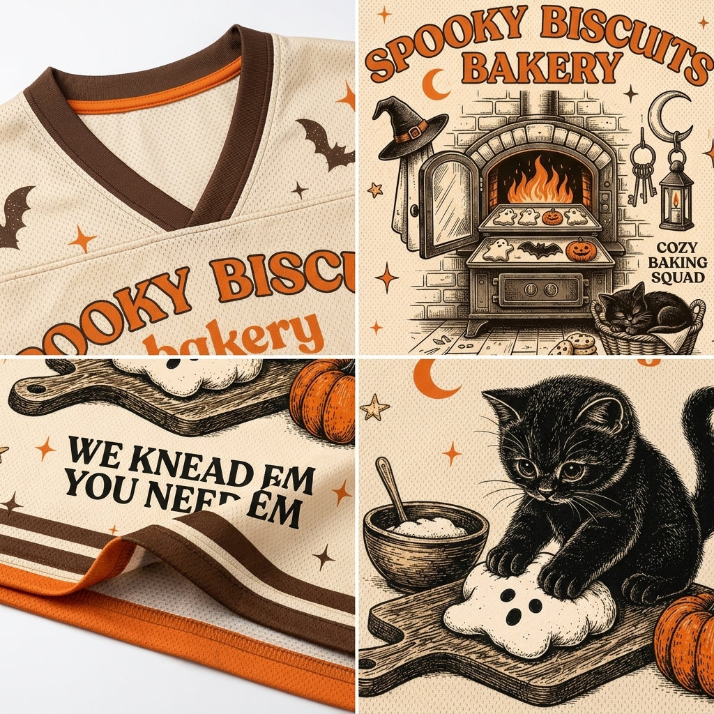 A Halloween-themed sports jersey shown in a four-panel collage. The cream-colored mesh jersey features brown and orange trim, bat silhouettes, and spooky graphics including a bakery oven, a black cat kneading a ghost, pumpkins, and the text 'Spooky Biscuits Bakery' and 'We Knead Em You Need Em'.