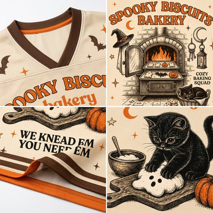 A Halloween-themed sports jersey shown in a four-panel collage. The cream-colored mesh jersey features brown and orange trim, bat silhouettes, and spooky graphics including a bakery oven, a black cat kneading a ghost, pumpkins, and the text 'Spooky Biscuits Bakery' and 'We Knead Em You Need Em'.