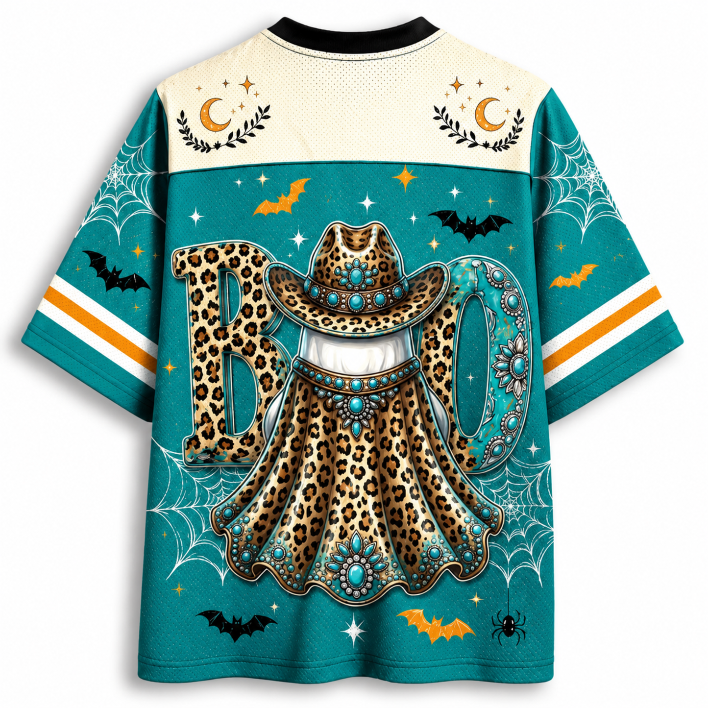 A short-sleeve graphic T-shirt shown from the back, featuring a Halloween-themed design with a leopard-print cowboy hat and cape, large 'BOO' lettering, bats, spiders, moons, and stars on a teal background.