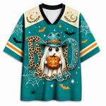 A short-sleeve V-neck jersey-style shirt with a Halloween graphic. The teal body features spiderwebs, bats, stars, a carved pumpkin, a ghost in a witch hat holding the pumpkin, and large leopard-print letters spelling 'BOO'.