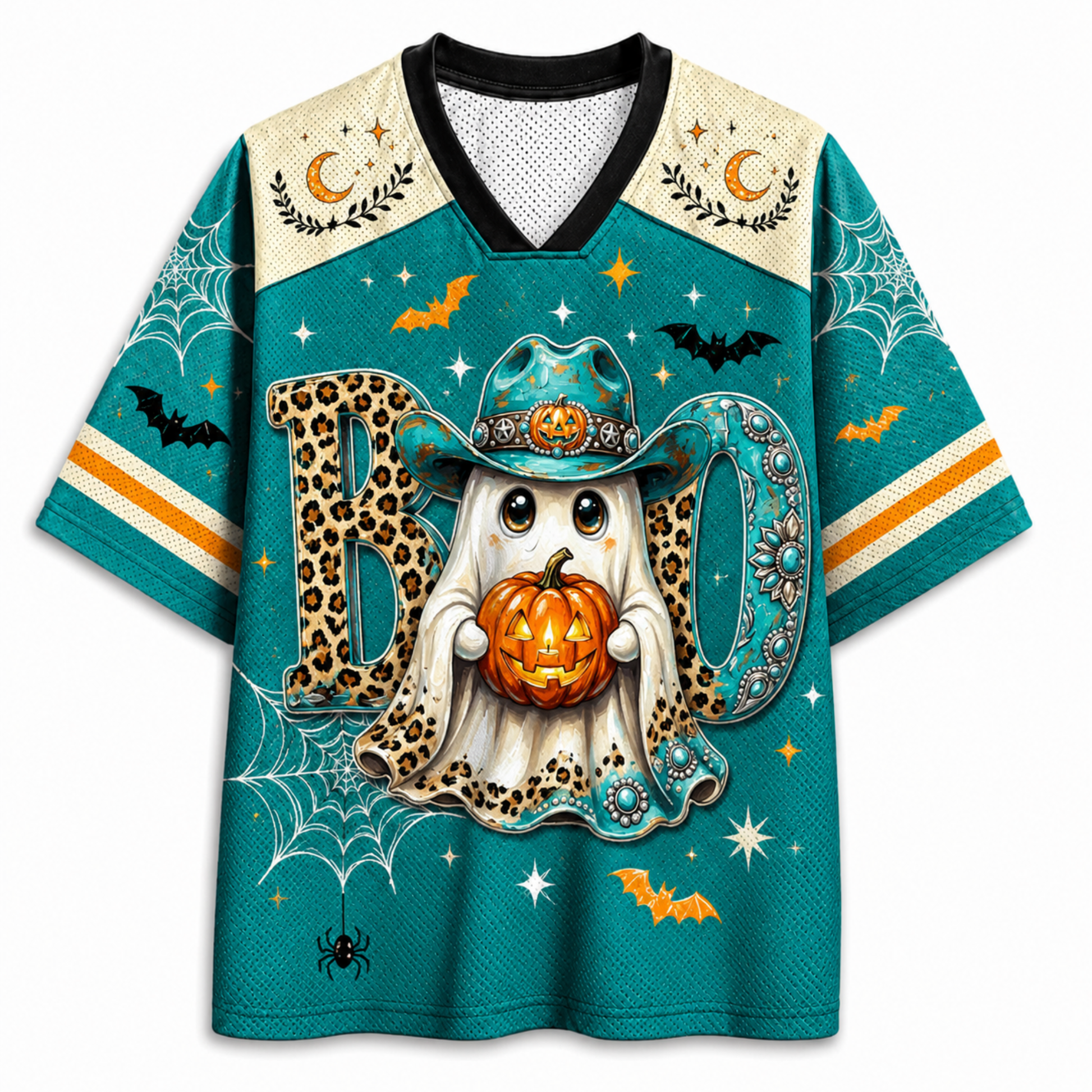 A short-sleeve V-neck jersey-style shirt with a Halloween graphic. The teal body features spiderwebs, bats, stars, a carved pumpkin, a ghost in a witch hat holding the pumpkin, and large leopard-print letters spelling 'BOO'.