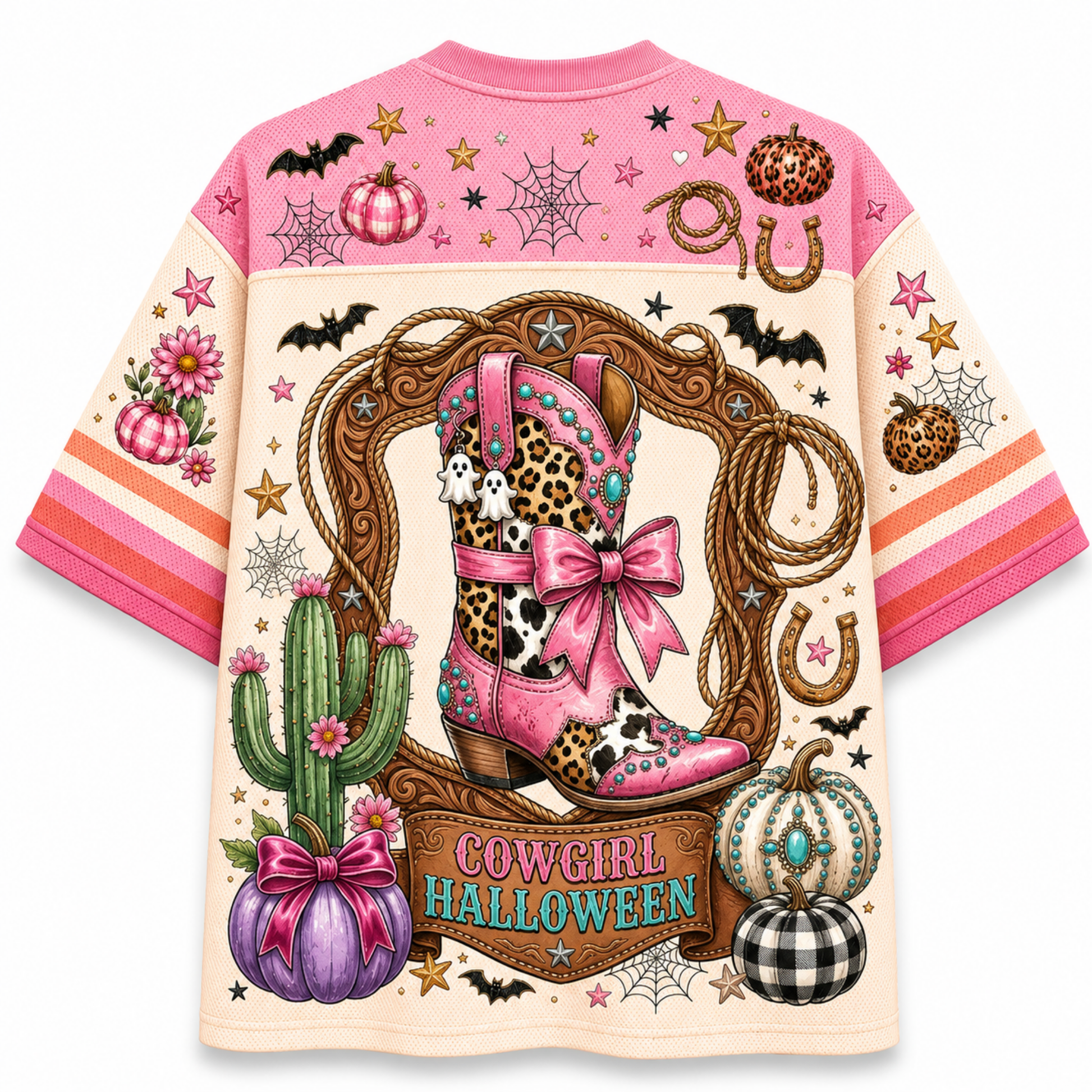 Back view of the Chaotic Club Halloween jersey displaying 'COWGIRL HALLOWEEN' text under a pink and leopard cowgirl boot framed by lasso ropes and horseshoe icons.