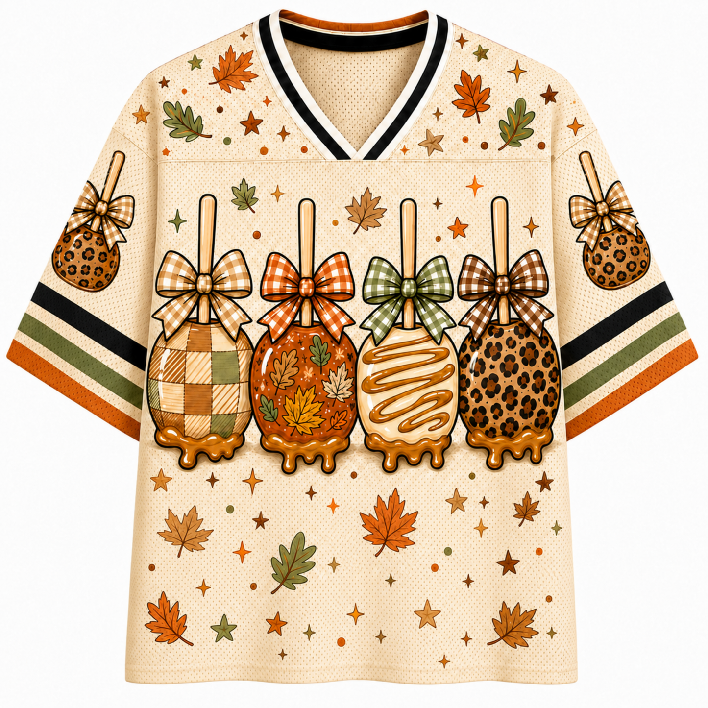 Front view of the cream varsity jersey displaying four caramel-dipped apples styled with plaid, maple leaf, and leopard patterns with coquette ribbon bows.