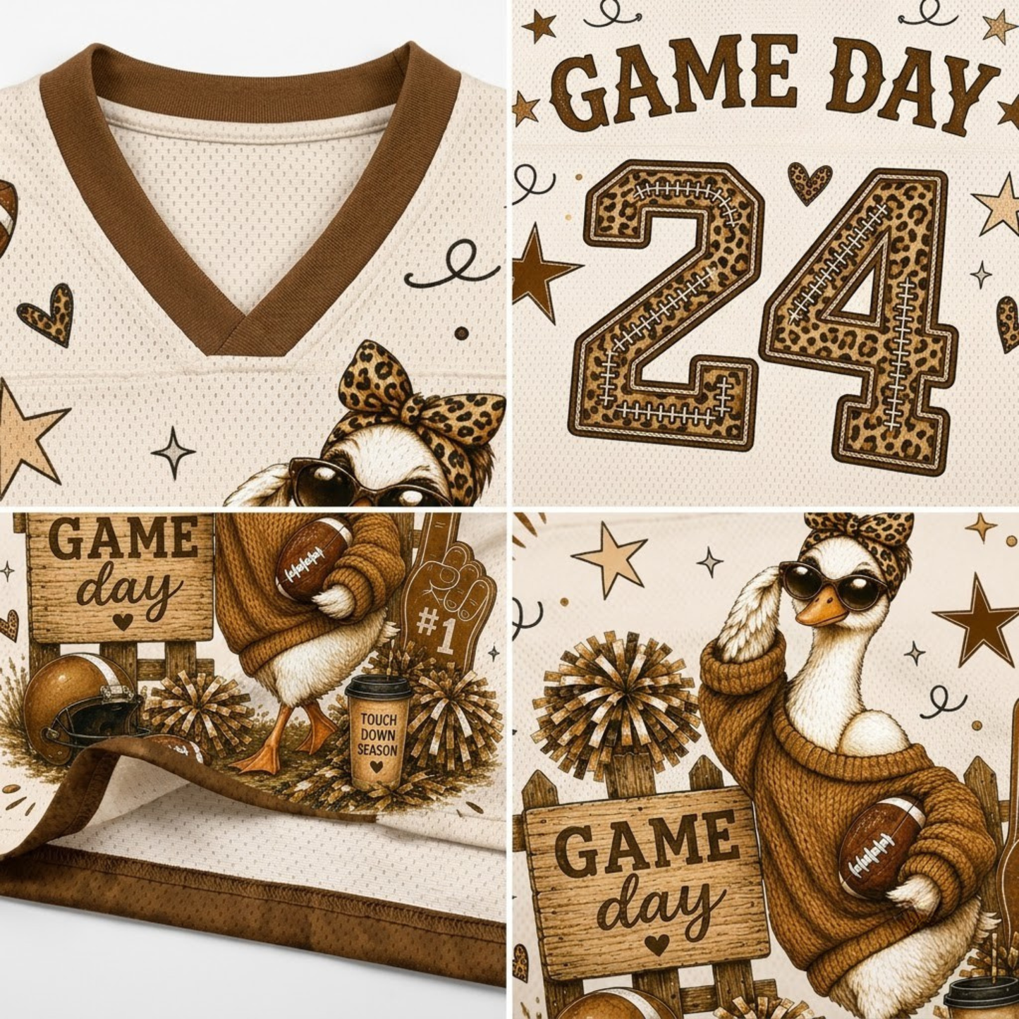 A close-up collage of a football jersey design showing the V-neck collar, a large leopard-print '24', 'GAME DAY' text, and a cartoon duck wearing a brown sweater and cap with football accessories.