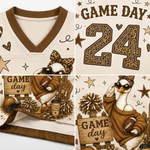 A close-up collage of a football jersey design showing the V-neck collar, a large leopard-print '24', 'GAME DAY' text, and a cartoon duck wearing a brown sweater and cap with football accessories.