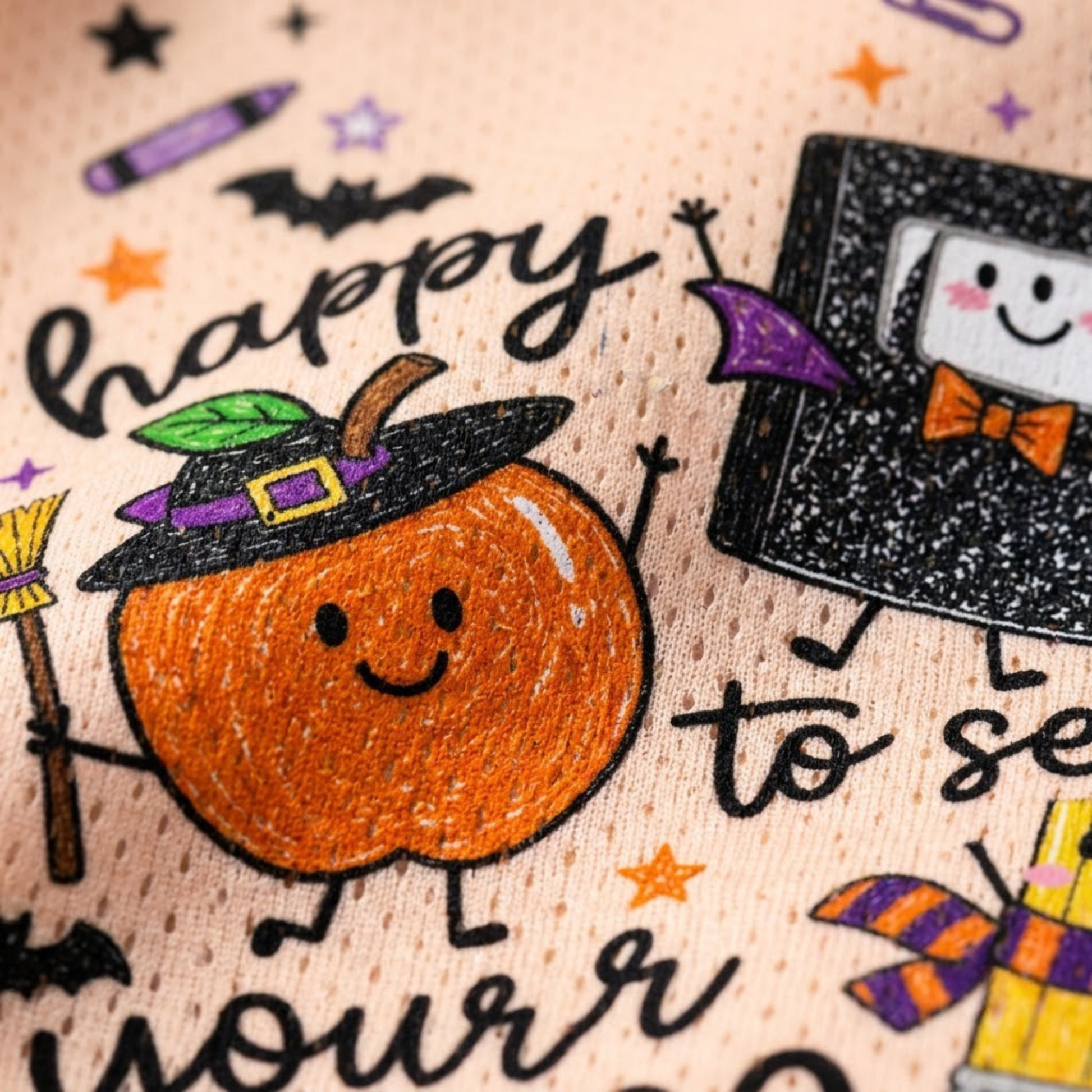 Close-up of a peach-colored fabric printed with a Halloween-themed design, featuring a smiling orange pumpkin wearing a black witch hat, a black book character with a purple bow tie, stars, bats, and partial black script text.