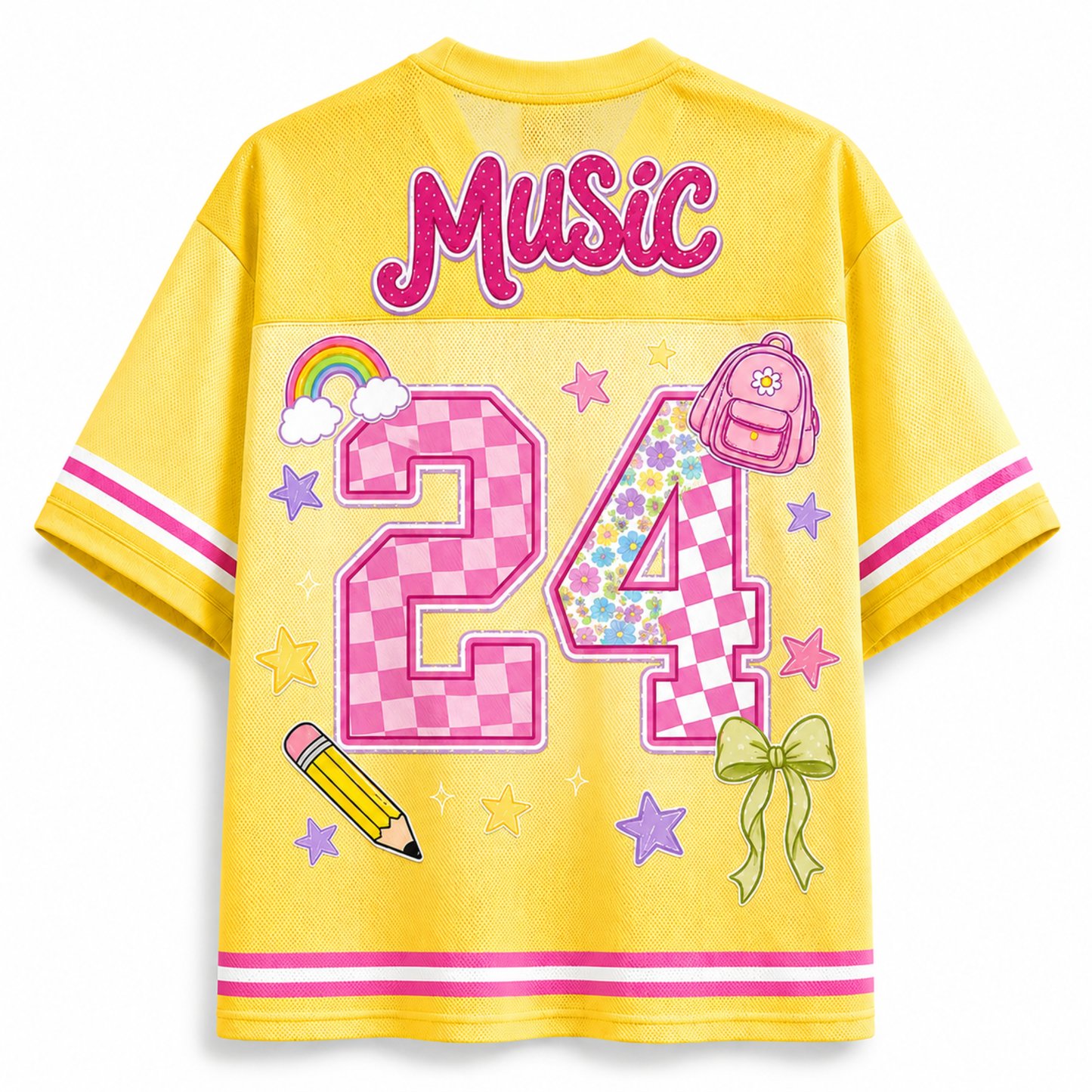 Back view of the customizable Chaotic Club jersey showcasing 'Music' script title above a large floral pattern number 07 with pencils and bow accents.