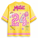 Back view of the customizable Chaotic Club jersey showcasing 'Music' script title above a large floral pattern number 07 with pencils and bow accents.