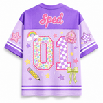 Back view of the customizable Chaotic Club jersey showcasing 'Sped' script title above a large floral pattern number 07 with pencils and bow accents.