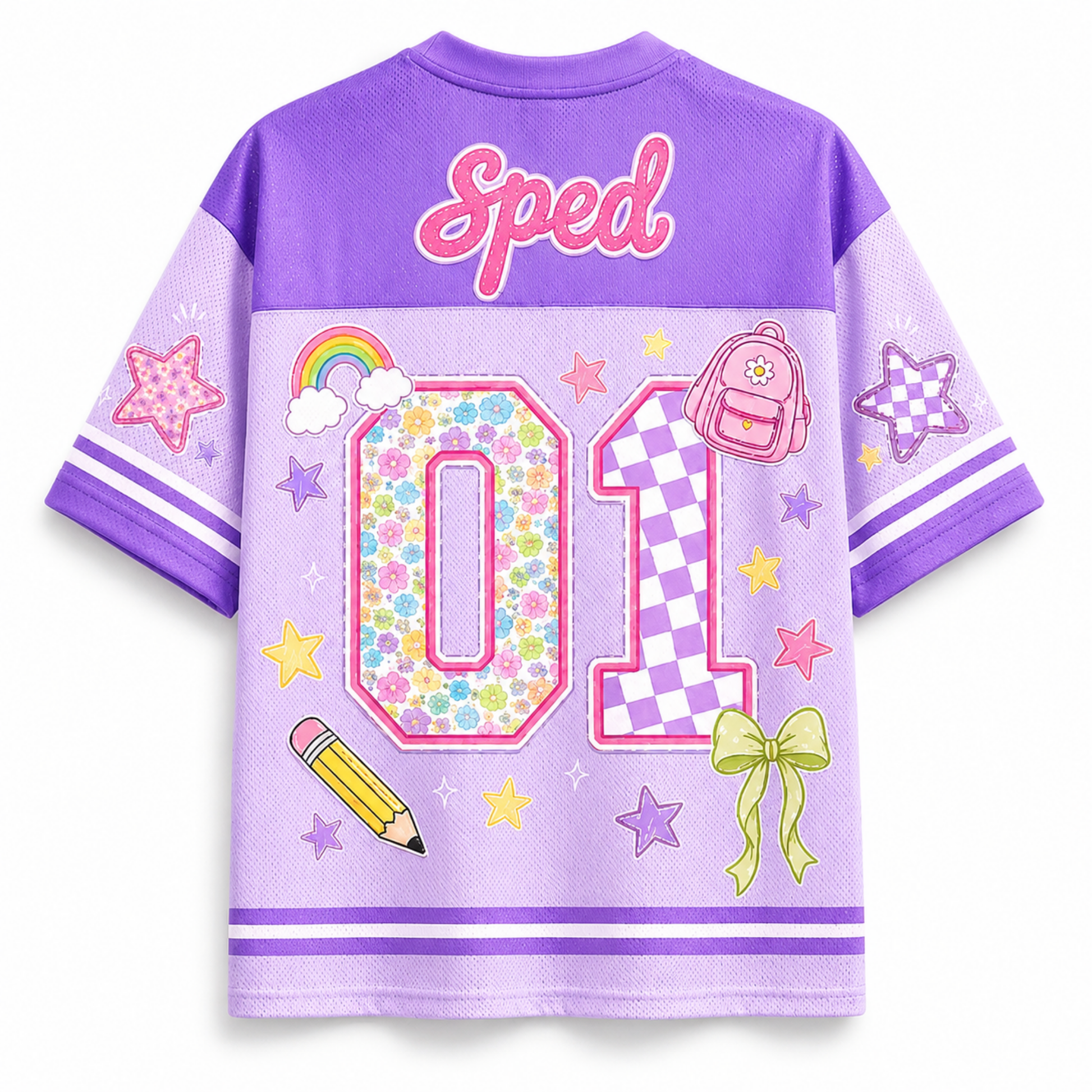 Back view of the customizable Chaotic Club jersey showcasing 'Sped' script title above a large floral pattern number 07 with pencils and bow accents.