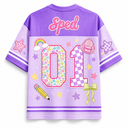 Back view of the customizable Chaotic Club jersey showcasing 'Sped' script title above a large floral pattern number 07 with pencils and bow accents.