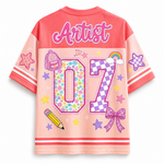 Back view of the customizable Chaotic Club jersey showcasing 'Artist' script title above a large floral pattern number 07 with pencils and bow accents.