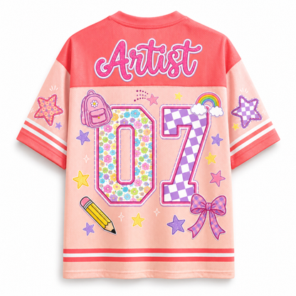 Back view of the customizable Chaotic Club jersey showcasing 'Artist' script title above a large floral pattern number 07 with pencils and bow accents.