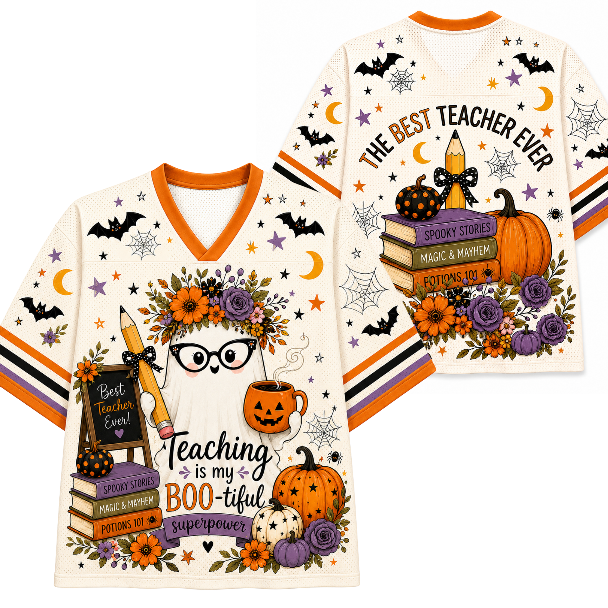 A V-neck graphic T-shirt shown from both front and back on a plain white background. The shirt has an off-white base with orange trim and a Halloween-themed print featuring bats, moons, spiderwebs, pumpkins, books, flowers, glasses, and text including 'THE BEST TEACHER EVER' and 'Teaching is my BOO-tiful superpower.