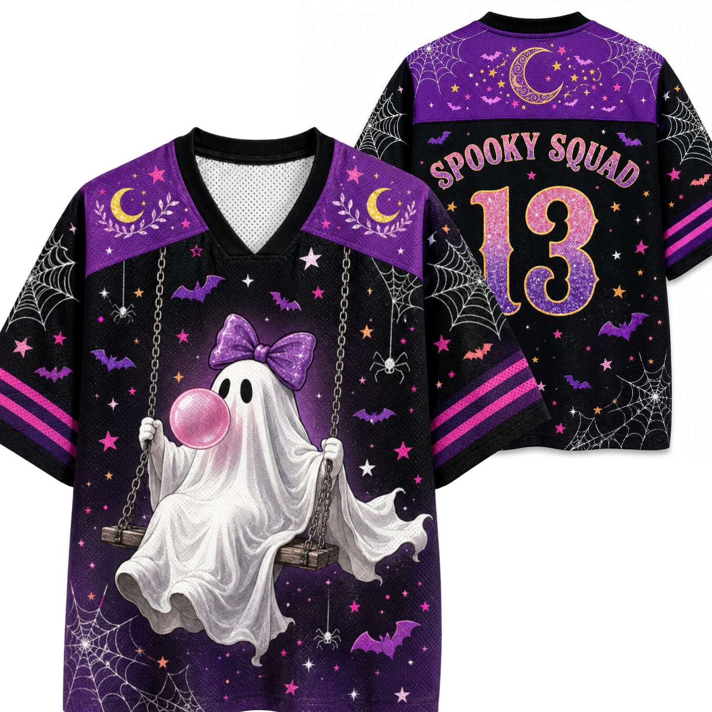 A Halloween-themed football-style jersey shown from both front and back. The front features a purple shoulder panel with crescent moons and spider graphics, a black body with purple spiderwebs and stars, and a large white ghost graphic sitting on a swing with a pink bubblegum bubble.