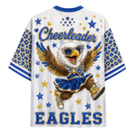 A white short-sleeve baseball-style shirt with blue and gold graphics, featuring a cartoon eagle in a cheerleader outfit, blue stars, the word 'Cheerleader' across the chest, and 'EAGLES' at the bottom.