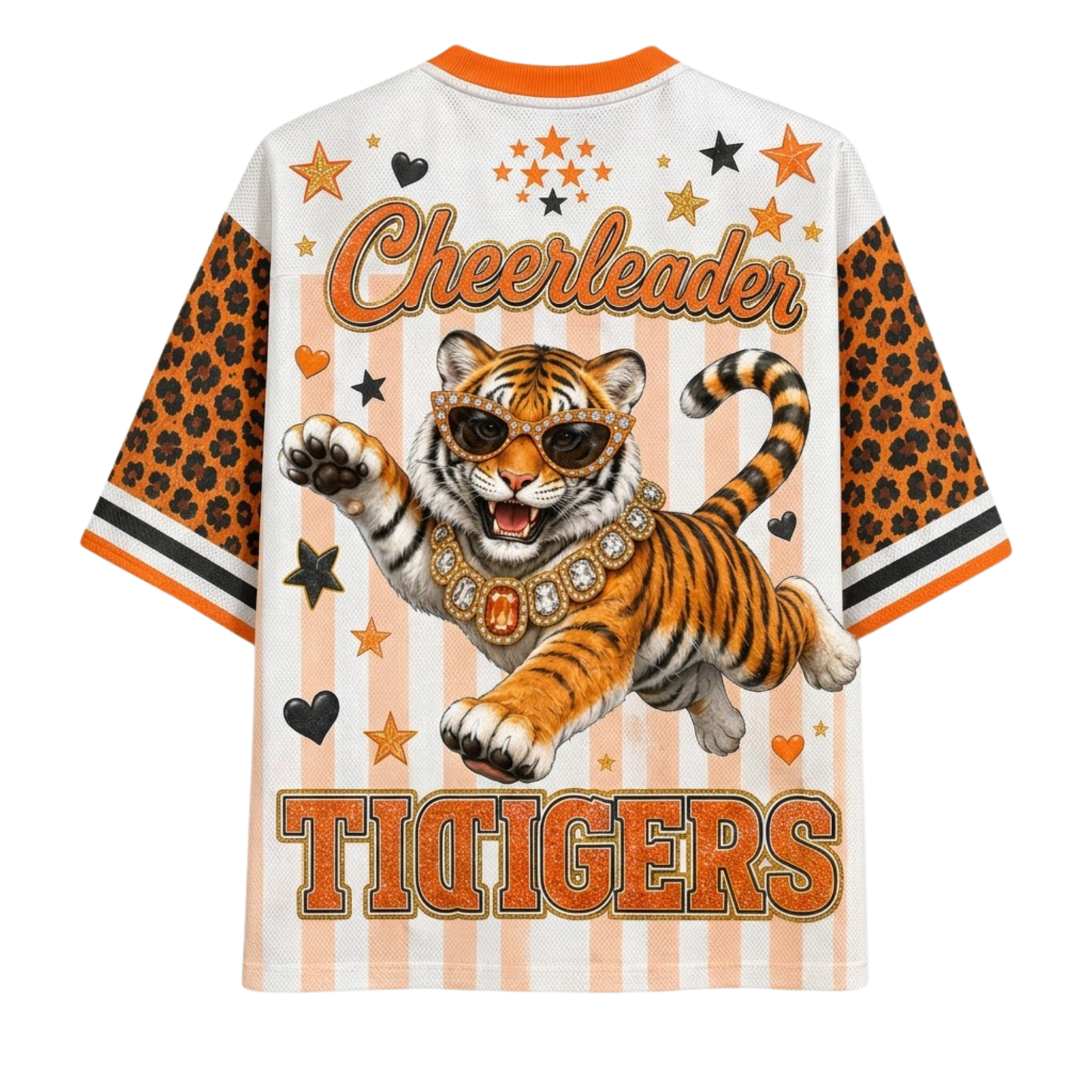 A short-sleeve graphic T-shirt shown from the back, featuring a white base with orange and peach vertical stripes, orange leopard-print sleeves, and a large tiger illustration wearing sunglasses with the words 'Cheerleader' and 'TIGERS'.
