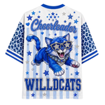 White and blue striped short-sleeve t-shirt with a blue cat wearing star sunglasses and a jeweled collar graphic on the back, featuring 'Cheerleader' and 'WILDCATS' text and blue leopard-print sleeves.
