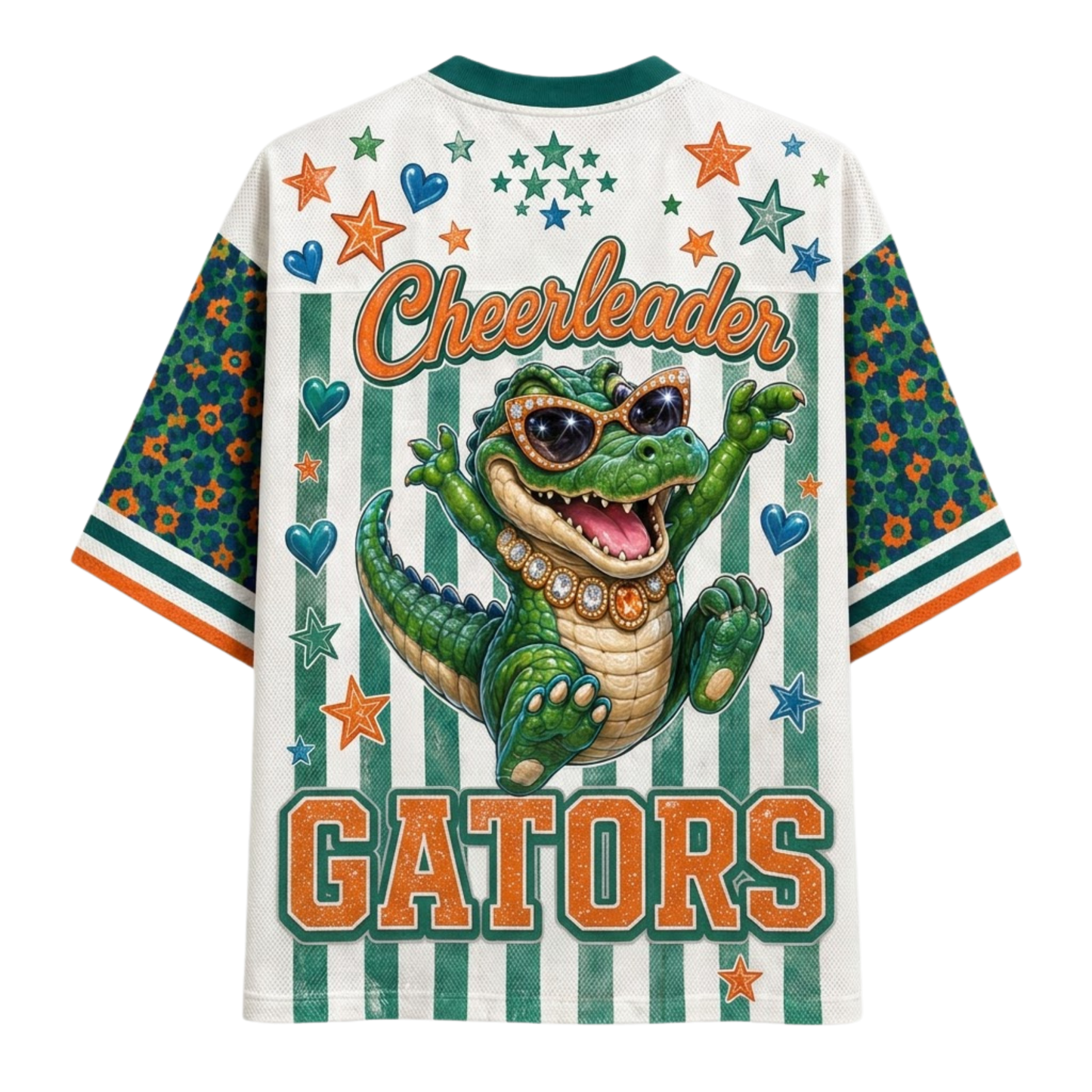 A white short-sleeve graphic t-shirt featuring a green cartoon alligator wearing sunglasses and a gold necklace, with 'Cheerleader GATORS' text and green/white stripes on the back. The sleeves have green and orange floral patterns.