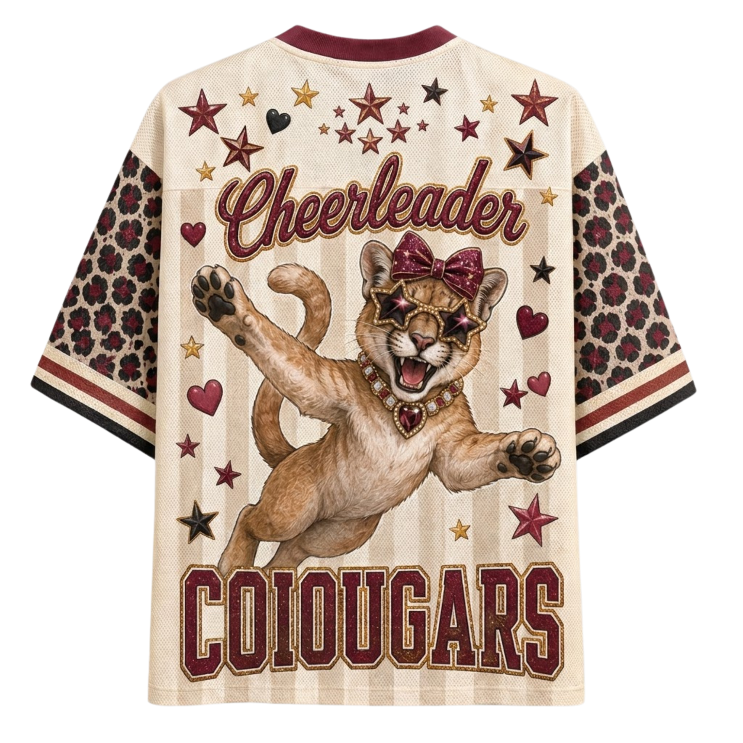 A cream-colored short-sleeve graphic t-shirt featuring a cougar mascot wearing sunglasses and a bow, with the word 'Cheerleader' and the word 'COUGARS' printed in maroon. The sleeves have a leopard print pattern with maroon and black stripes at the cuffs.