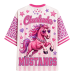 A women's short-sleeve graphic t-shirt featuring a pink and purple cheetah-patterned design. The back of the shirt displays a large illustration of a pink horse with purple accents, surrounded by pink and purple stars and hearts, with the text 'Cheerleader MUSTANGS' in pink.