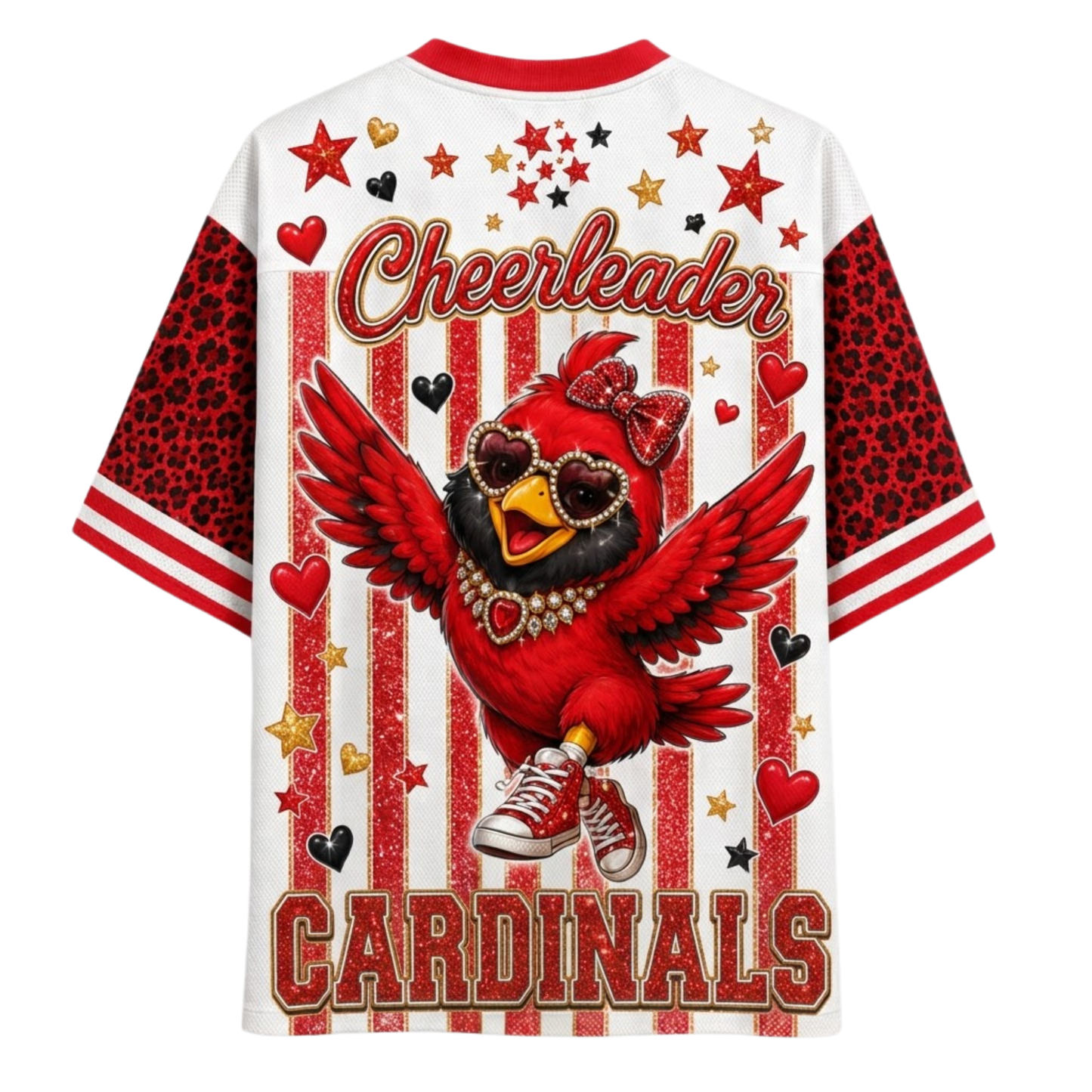 A white short-sleeve t-shirt with red and black leopard-print sleeves, featuring a red cardinal wearing heart-shaped sunglasses and a bow, with 'Cheerleader' and 'CARDINALS' text and red heart-and-stripe graphics on the back.