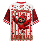 A white short-sleeve t-shirt with red and black leopard-print sleeves, featuring a red cardinal wearing heart-shaped sunglasses and a bow, with 'Cheerleader' and 'CARDINALS' text and red heart-and-stripe graphics on the back.