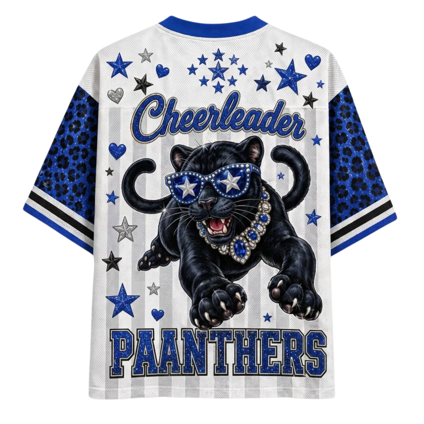 White mesh short-sleeve t-shirt with blue and black graphic print featuring a leaping black panther wearing blue star sunglasses, the word 'Cheerleader' in script, and 'PAANTHERS' at the bottom, with blue patterned sleeves.