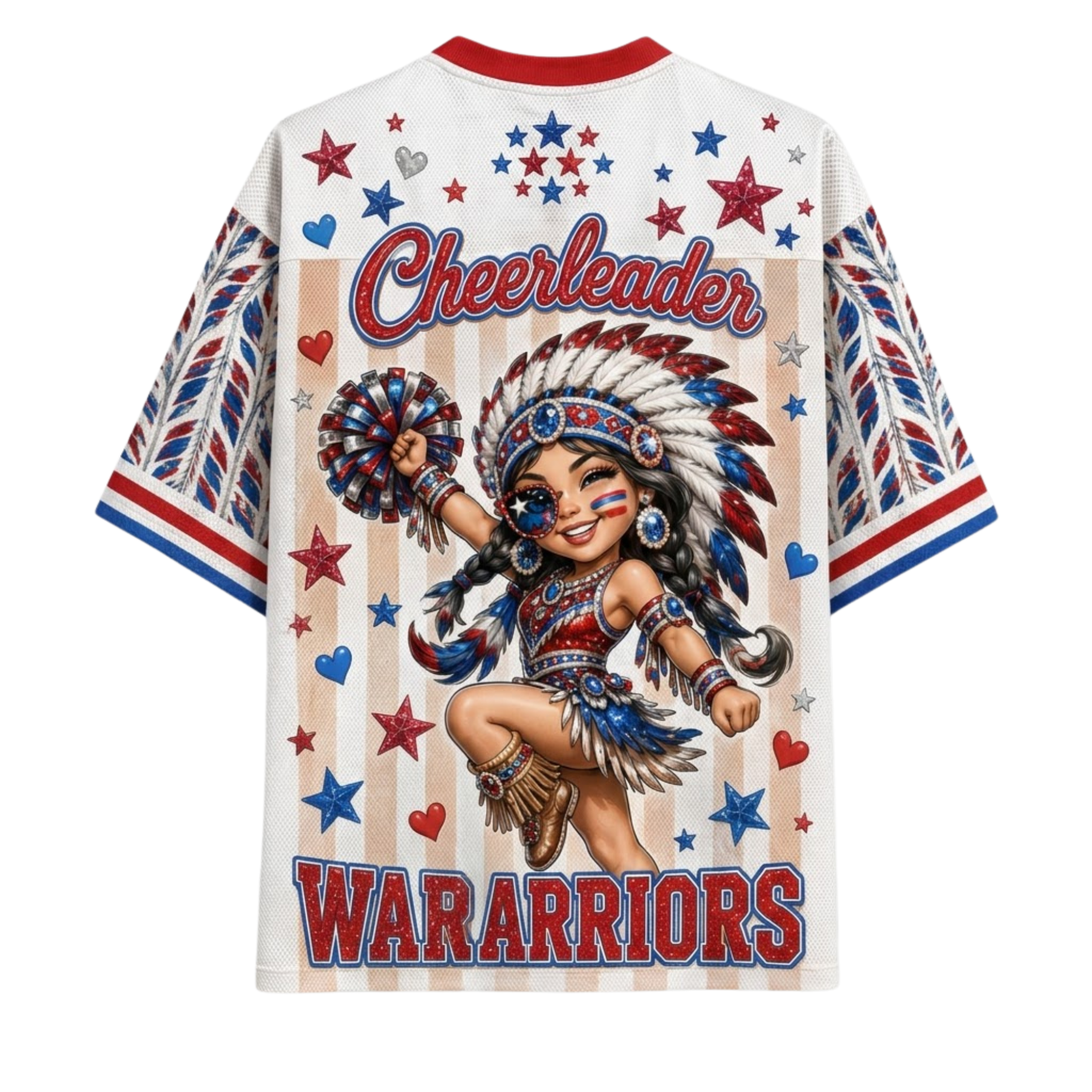 A white short-sleeve t-shirt with a red and blue patriotic design, featuring a central graphic of a Native American cheerleader with the text 'Cheerleader WARARRIORS' and red, white, and blue stars and stripes.
