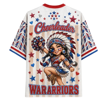 A white short-sleeve t-shirt with a red and blue patriotic design, featuring a central graphic of a Native American cheerleader with the text 'Cheerleader WARARRIORS' and red, white, and blue stars and stripes.