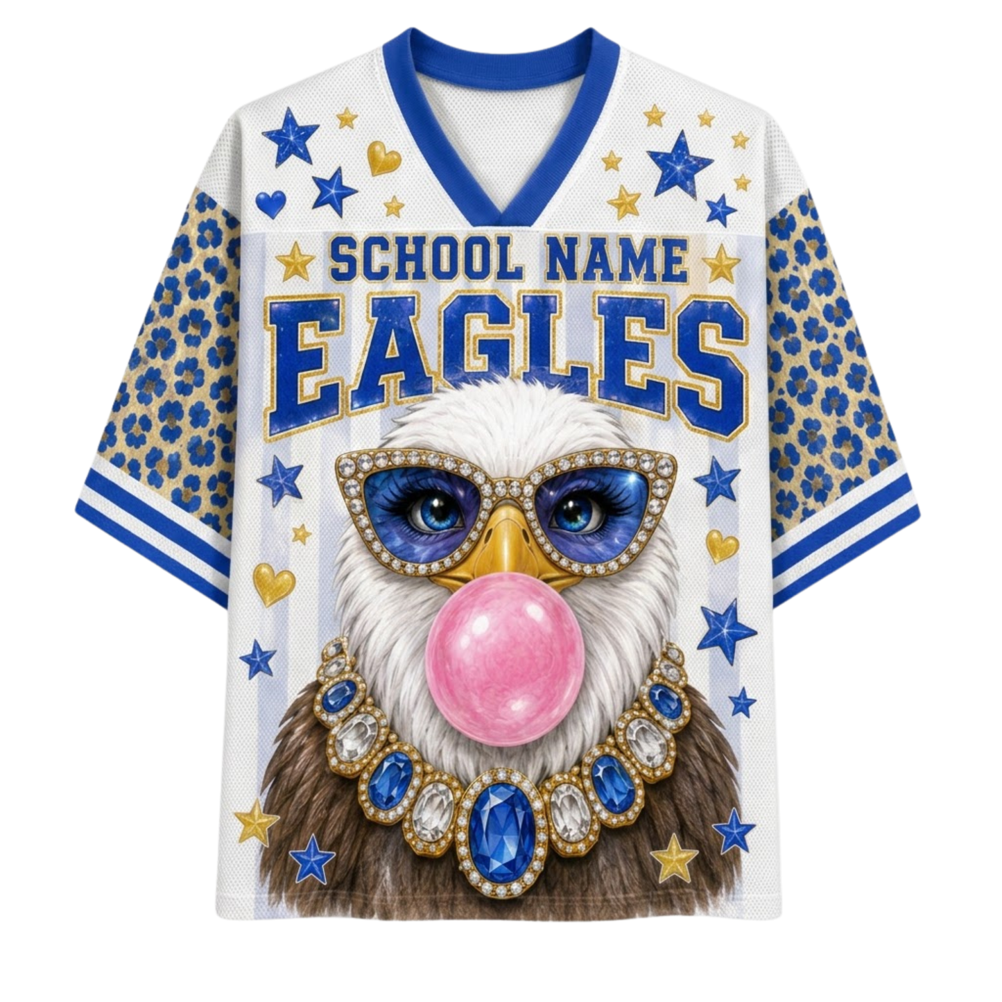 A white V-neck athletic jersey with blue and gold graphics, featuring a bald eagle wearing blue and gold jewelry and blowing a pink bubblegum bubble. The jersey has 'SCHOOL NAME EAGLES' printed across the chest, blue leopard-print sleeves, and blue and gold star details.